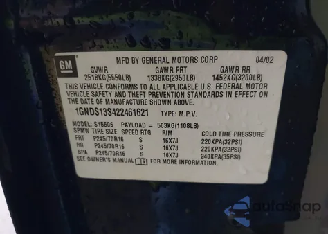 2002 Chevrolet Trailblazer Ls from USA, damaged, VIN 1GNDS13S422461621